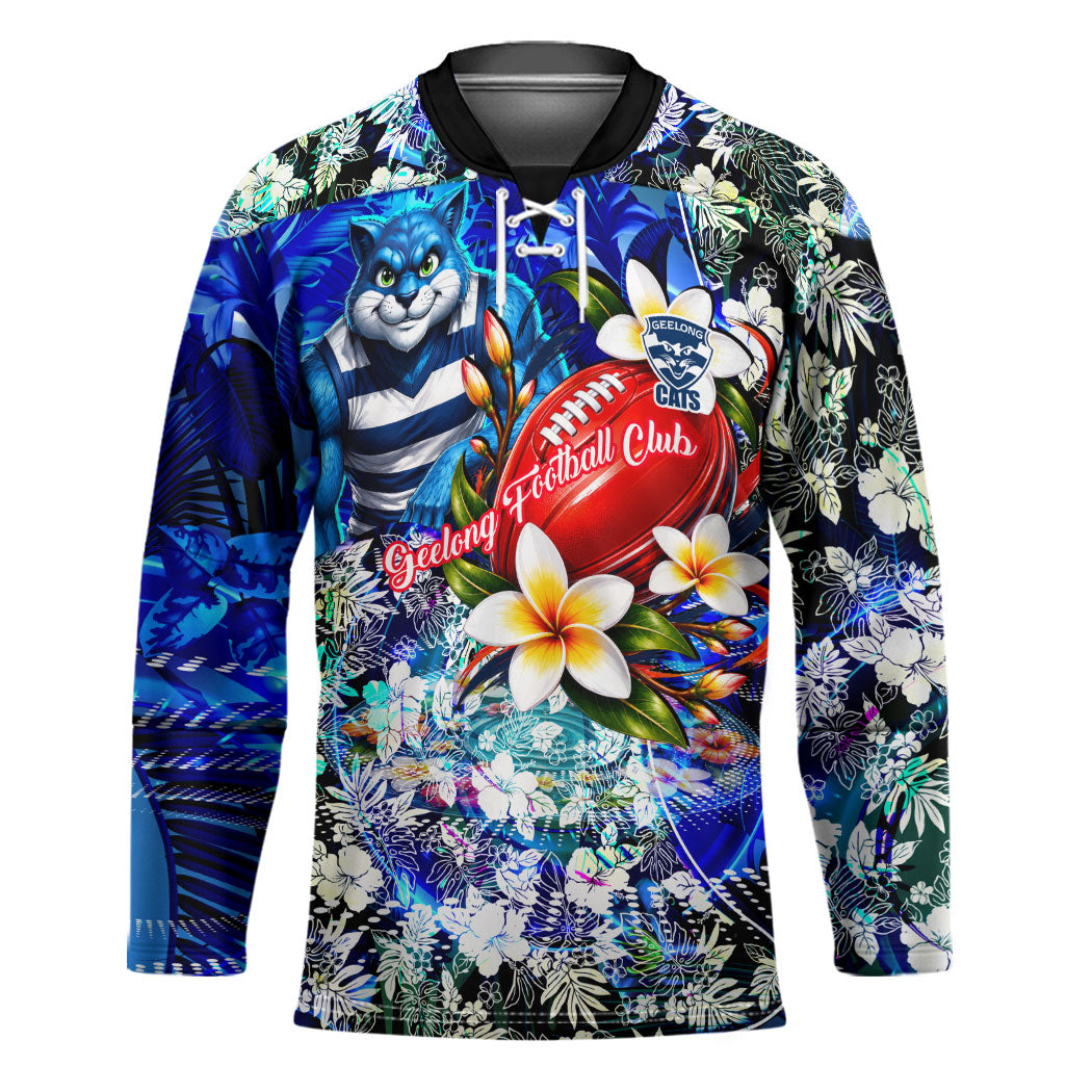 Personalized Geelong Football Cats Hockey Jersey Tropical Hibiscus Flowers - Pacific Fusion Style