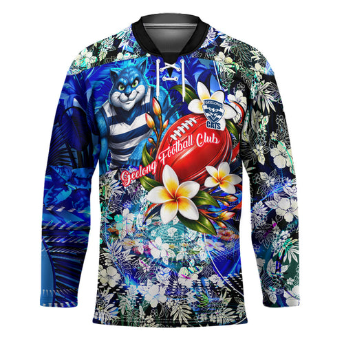 Personalized Geelong Football Cats Hockey Jersey Tropical Hibiscus Flowers - Pacific Fusion Style