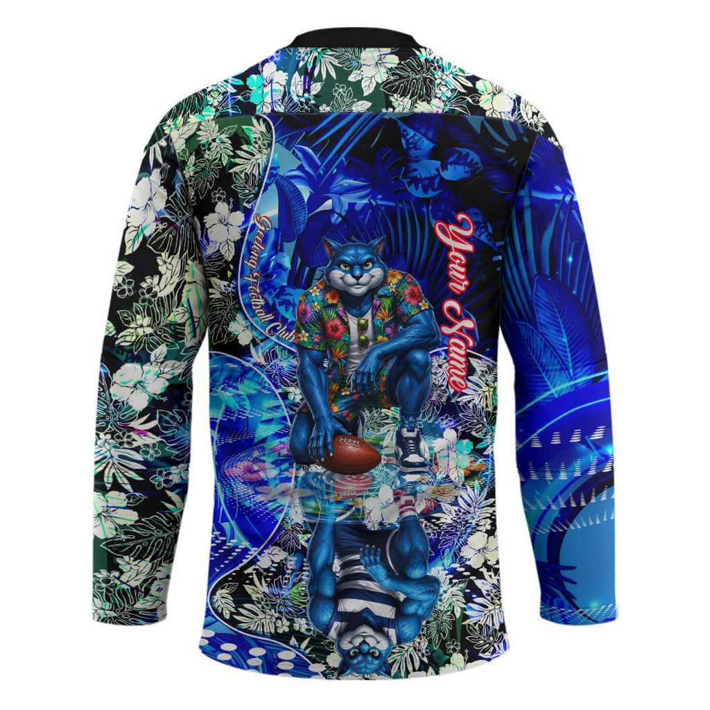 Personalized Geelong Football Cats Hockey Jersey Tropical Hibiscus Flowers - Pacific Fusion Style