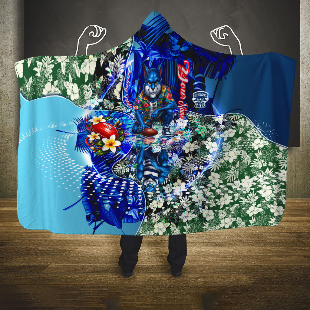 Personalized Geelong Football Cats Hooded Blanket Tropical Hibiscus Flowers - Pacific Fusion Style