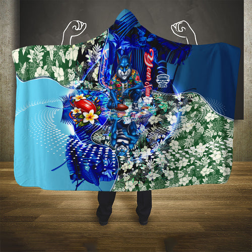 Personalized Geelong Football Cats Hooded Blanket Tropical Hibiscus Flowers - Pacific Fusion Style