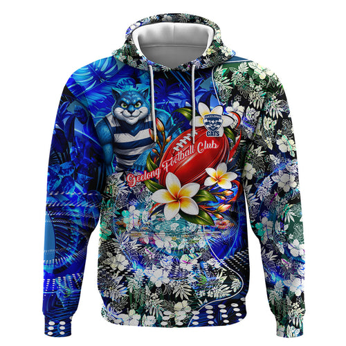 Personalized Geelong Football Cats Hoodie Tropical Hibiscus Flowers - Pacific Fusion Style