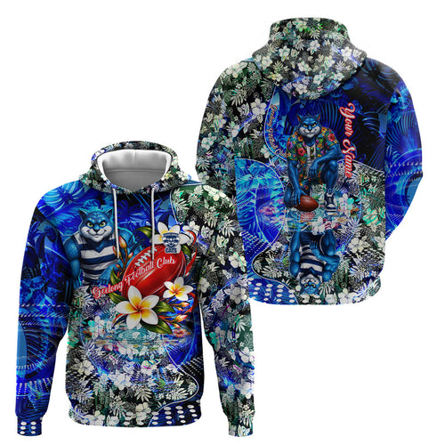 Personalized Geelong Football Cats Hoodie Tropical Hibiscus Flowers - Pacific Fusion Style