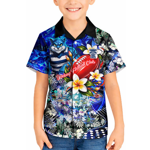 Personalized Geelong Football Cats Kid Hawaiian Shirt Tropical Hibiscus Flowers - Pacific Fusion Style