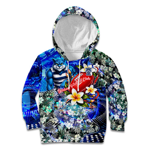 Personalized Geelong Football Cats Kid Hoodie Tropical Hibiscus Flowers - Pacific Fusion Style