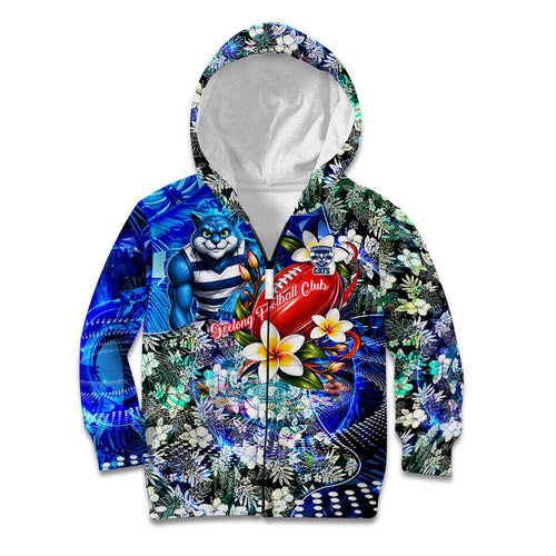 Personalized Geelong Football Cats Kid Hoodie Tropical Hibiscus Flowers - Pacific Fusion Style