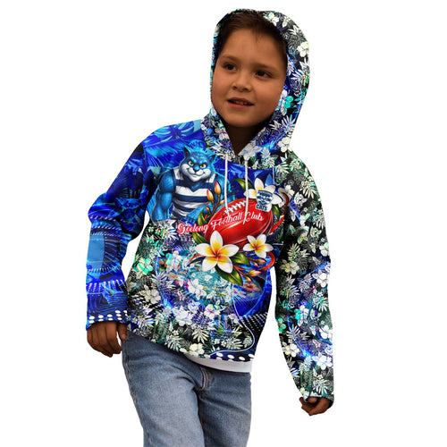 Personalized Geelong Football Cats Kid Hoodie Tropical Hibiscus Flowers - Pacific Fusion Style