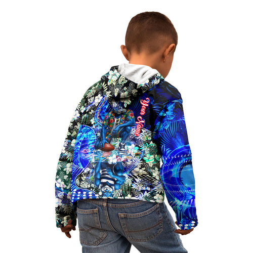 Personalized Geelong Football Cats Kid Hoodie Tropical Hibiscus Flowers - Pacific Fusion Style