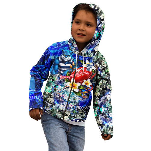Personalized Geelong Football Cats Kid Hoodie Tropical Hibiscus Flowers - Pacific Fusion Style