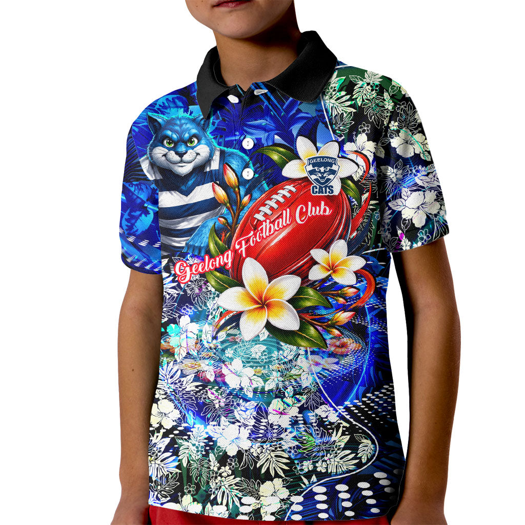 Personalized Geelong Football Cats Kid Polo Shirt Tropical Hibiscus Flowers - Pacific Fusion Style