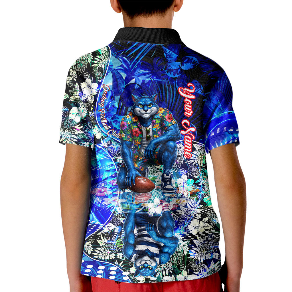 Personalized Geelong Football Cats Kid Polo Shirt Tropical Hibiscus Flowers - Pacific Fusion Style