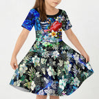 Personalized Geelong Football Cats Kid Short Sleeve Dress Tropical Hibiscus Flowers - Pacific Fusion Style