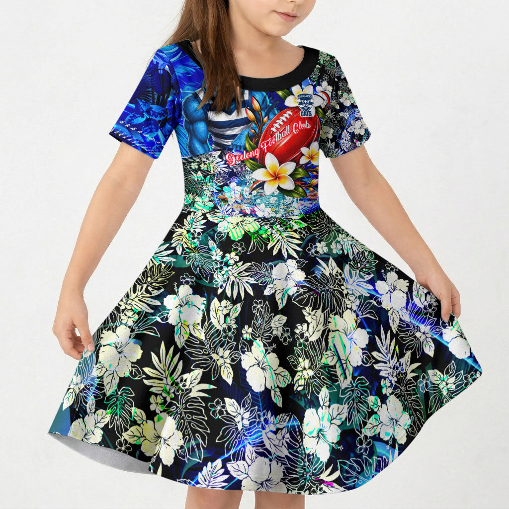 Personalized Geelong Football Cats Kid Short Sleeve Dress Tropical Hibiscus Flowers - Pacific Fusion Style