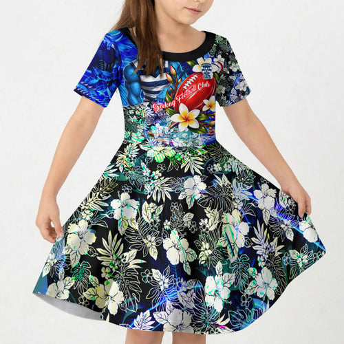 Personalized Geelong Football Cats Kid Short Sleeve Dress Tropical Hibiscus Flowers - Pacific Fusion Style