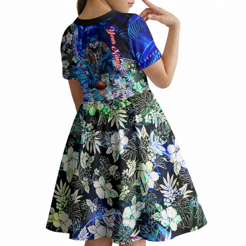 Personalized Geelong Football Cats Kid Short Sleeve Dress Tropical Hibiscus Flowers - Pacific Fusion Style