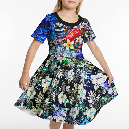 Personalized Geelong Football Cats Kid Short Sleeve Dress Tropical Hibiscus Flowers - Pacific Fusion Style