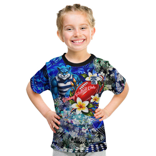 Personalized Geelong Football Cats Kid T Shirt Tropical Hibiscus Flowers - Pacific Fusion Style