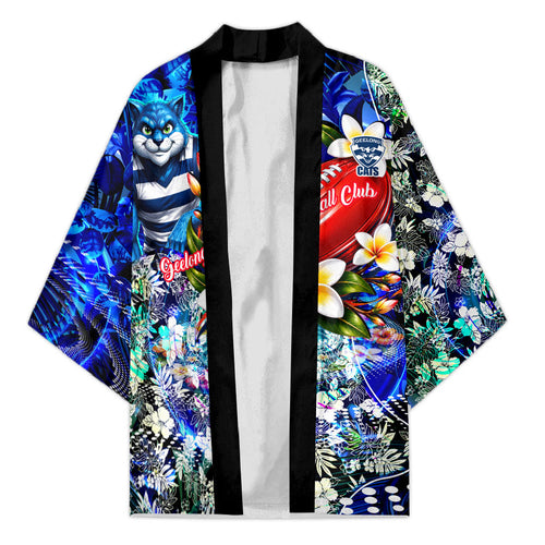 Personalized Geelong Football Cats Kimono Tropical Hibiscus Flowers - Pacific Fusion Style