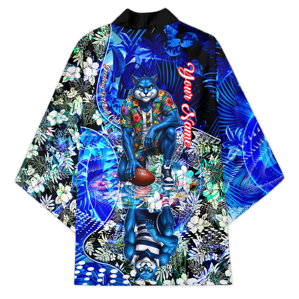 Personalized Geelong Football Cats Kimono Tropical Hibiscus Flowers - Pacific Fusion Style