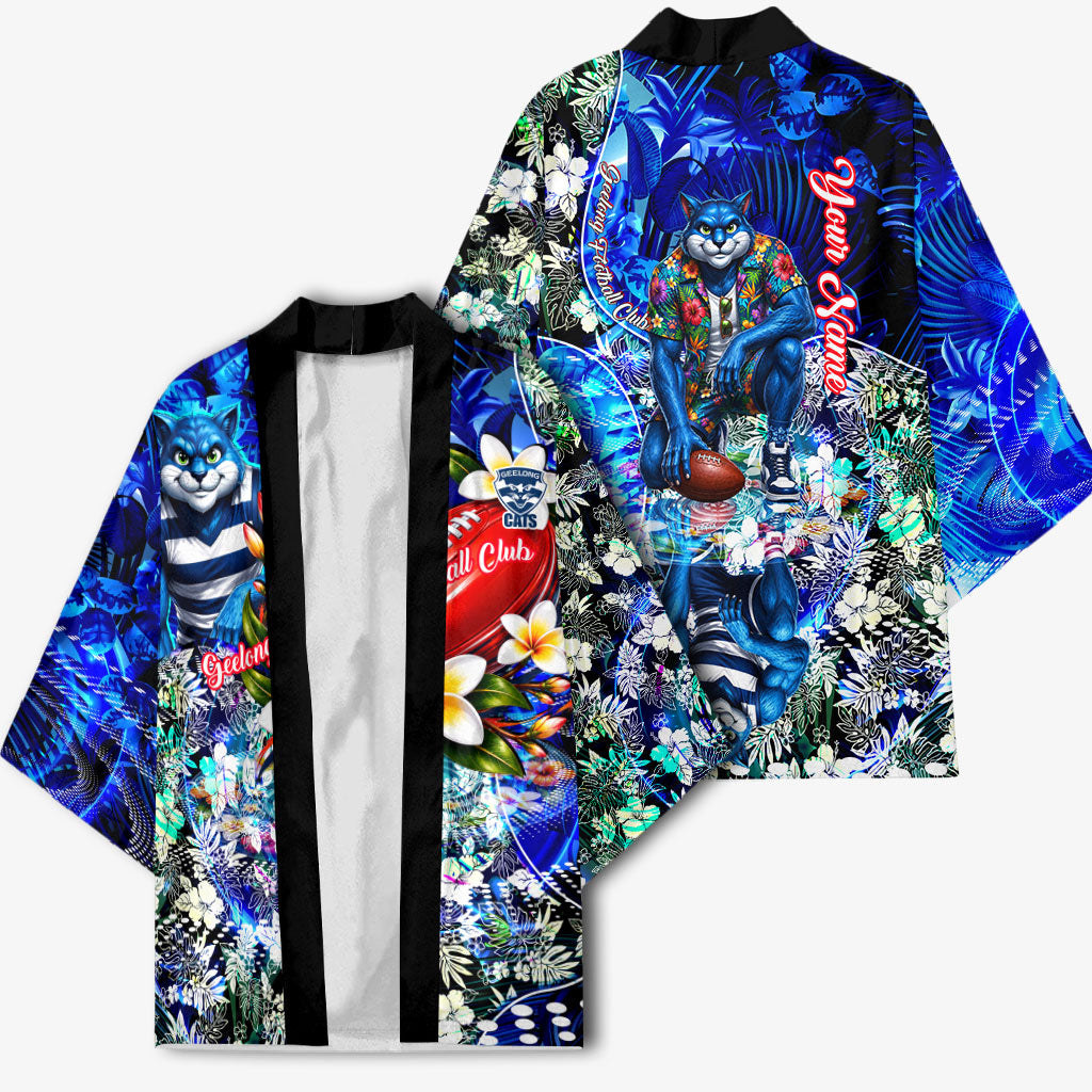 Personalized Geelong Football Cats Kimono Tropical Hibiscus Flowers - Pacific Fusion Style