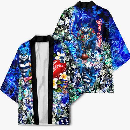 Personalized Geelong Football Cats Kimono Tropical Hibiscus Flowers - Pacific Fusion Style