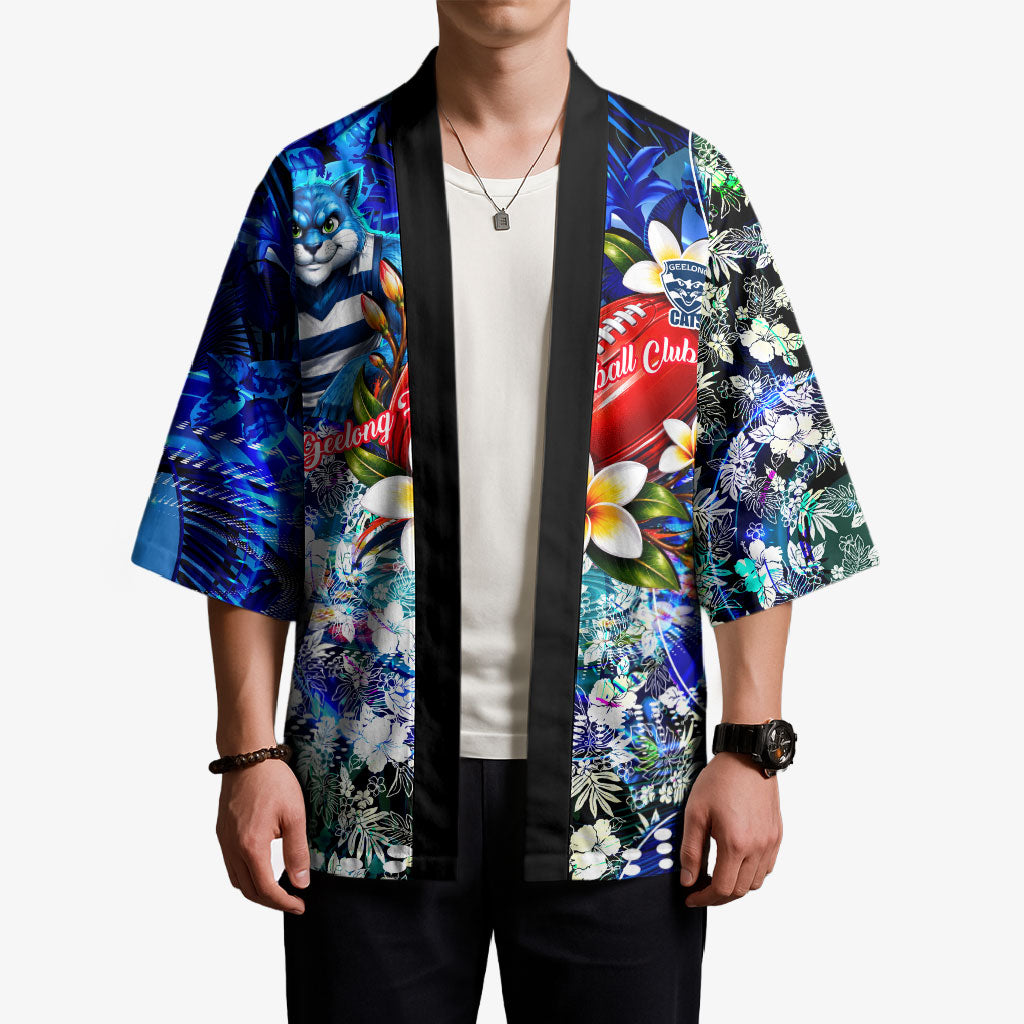 Personalized Geelong Football Cats Kimono Tropical Hibiscus Flowers - Pacific Fusion Style