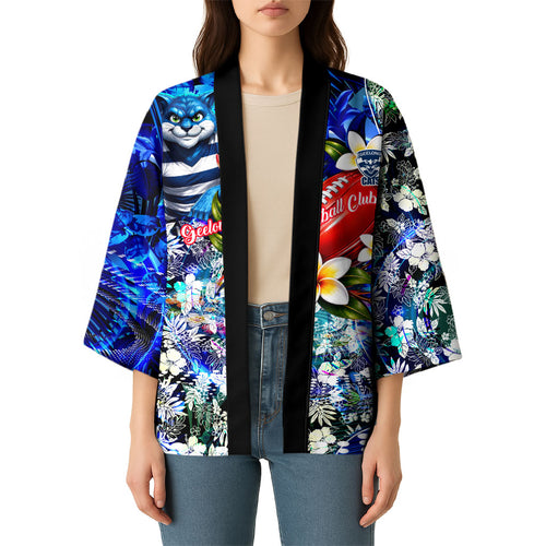 Personalized Geelong Football Cats Kimono Tropical Hibiscus Flowers - Pacific Fusion Style