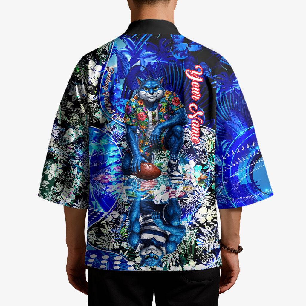 Personalized Geelong Football Cats Kimono Tropical Hibiscus Flowers - Pacific Fusion Style
