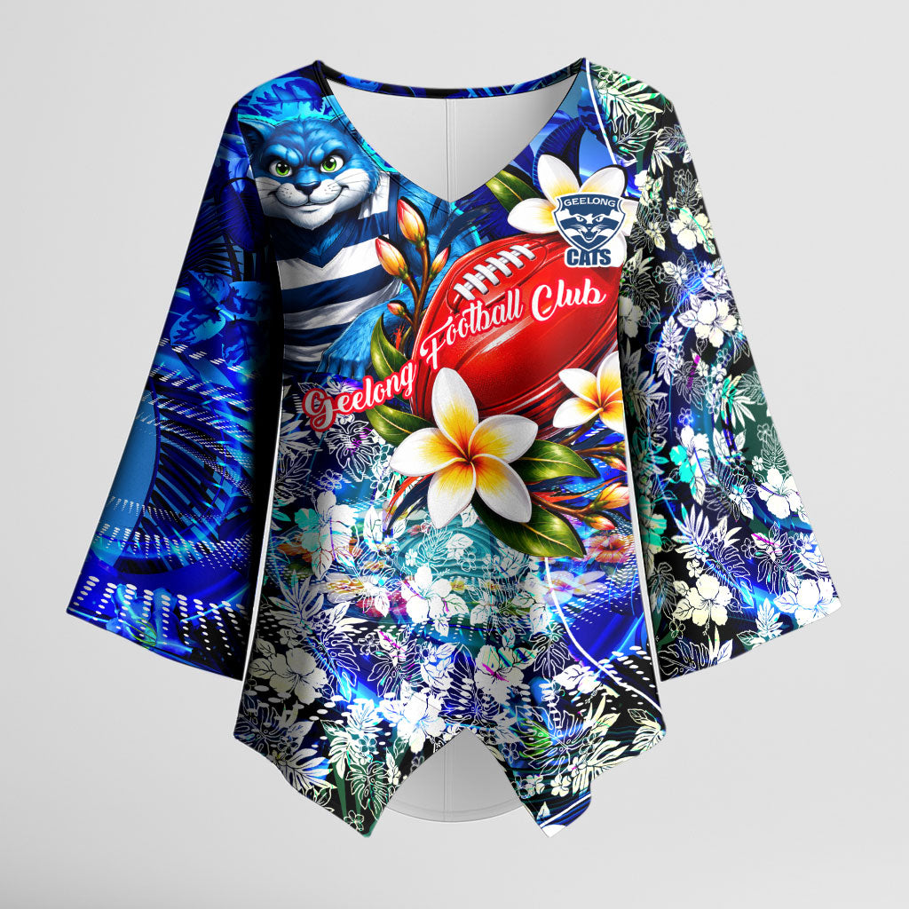 Personalized Geelong Football Cats Kimono Sleeve Blouse Tropical Hibiscus Flowers - Pacific Fusion Style