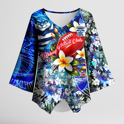 Personalized Geelong Football Cats Kimono Sleeve Blouse Tropical Hibiscus Flowers - Pacific Fusion Style