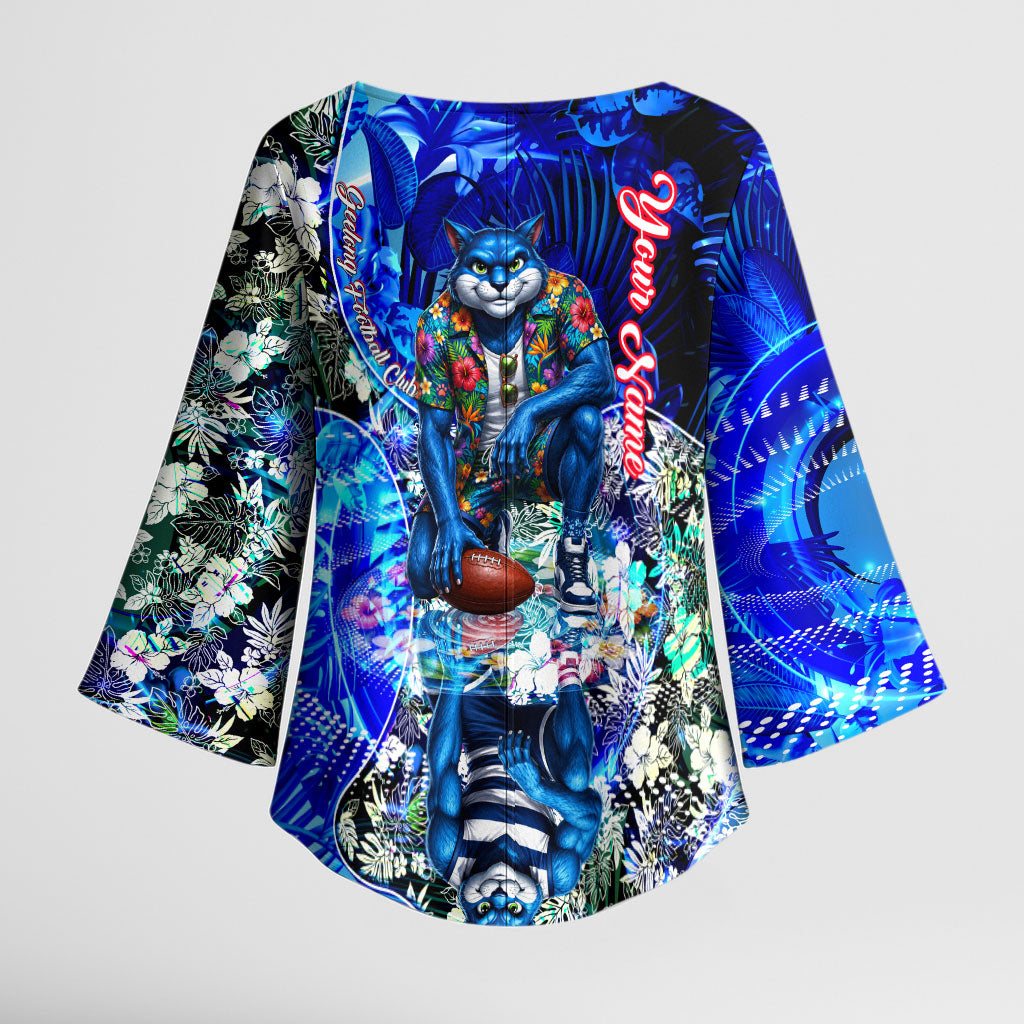 Personalized Geelong Football Cats Kimono Sleeve Blouse Tropical Hibiscus Flowers - Pacific Fusion Style