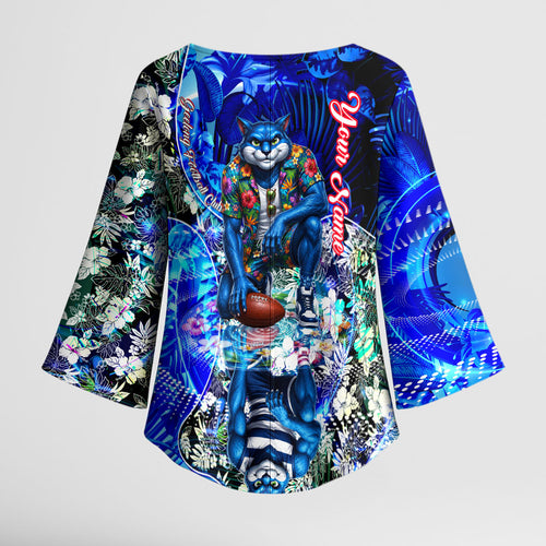 Personalized Geelong Football Cats Kimono Sleeve Blouse Tropical Hibiscus Flowers - Pacific Fusion Style