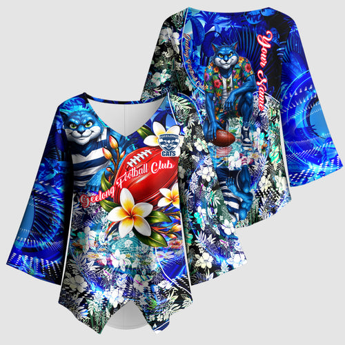 Personalized Geelong Football Cats Kimono Sleeve Blouse Tropical Hibiscus Flowers - Pacific Fusion Style