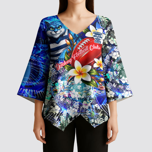 Personalized Geelong Football Cats Kimono Sleeve Blouse Tropical Hibiscus Flowers - Pacific Fusion Style