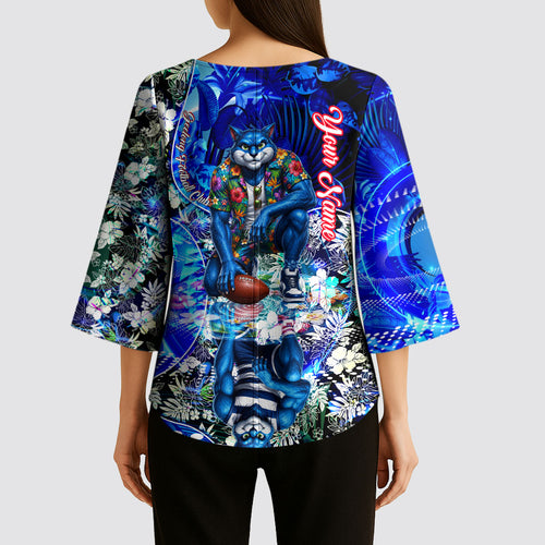 Personalized Geelong Football Cats Kimono Sleeve Blouse Tropical Hibiscus Flowers - Pacific Fusion Style