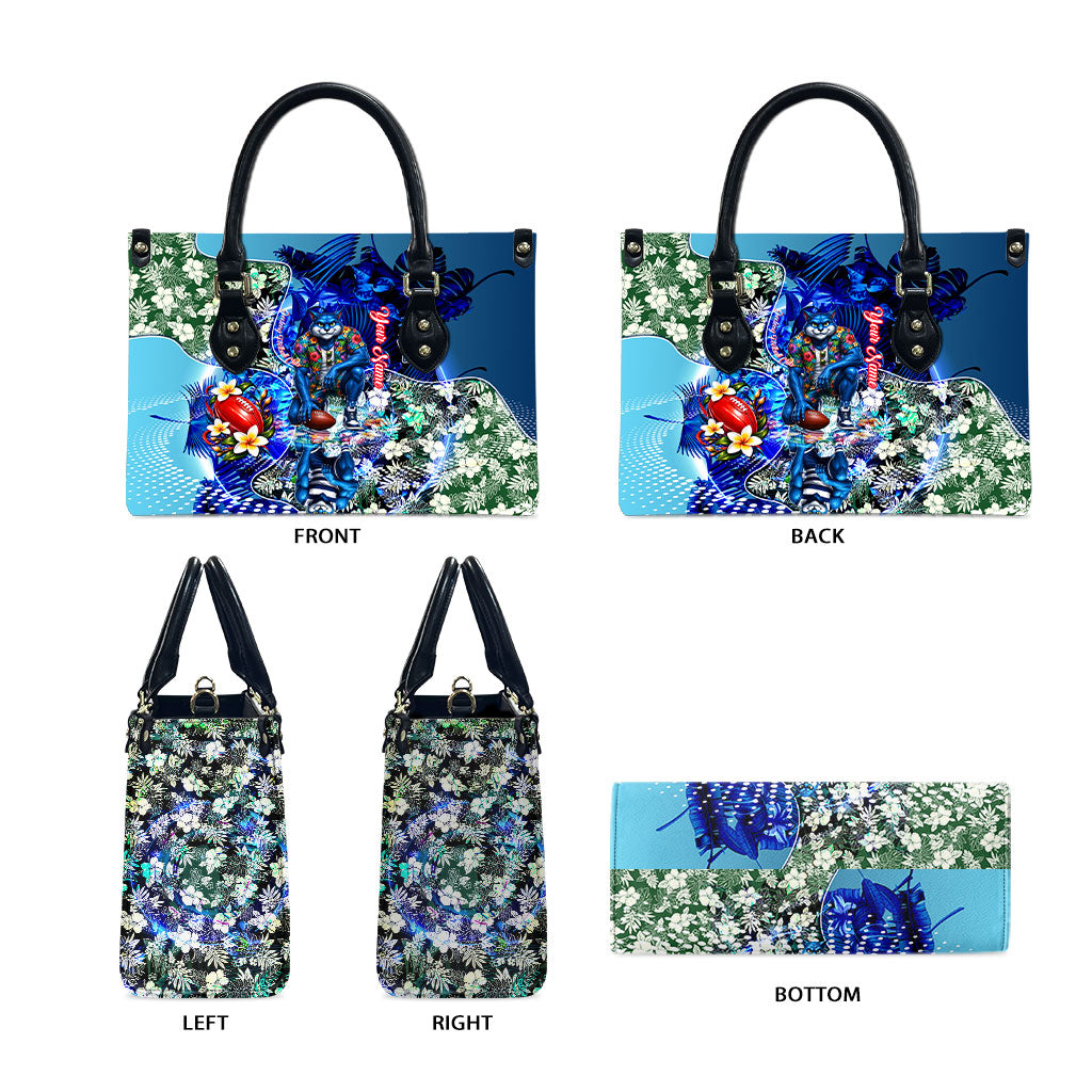 Personalized Geelong Football Cats Leather Bag Tropical Hibiscus Flowers - Pacific Fusion Style