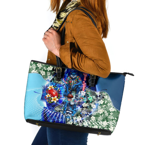 Personalized Geelong Football Cats Leather Tote Bag Tropical Hibiscus Flowers - Pacific Fusion Style