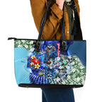 Personalized Geelong Football Cats Leather Tote Bag Tropical Hibiscus Flowers - Pacific Fusion Style