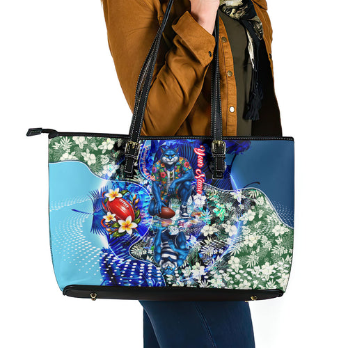 Personalized Geelong Football Cats Leather Tote Bag Tropical Hibiscus Flowers - Pacific Fusion Style
