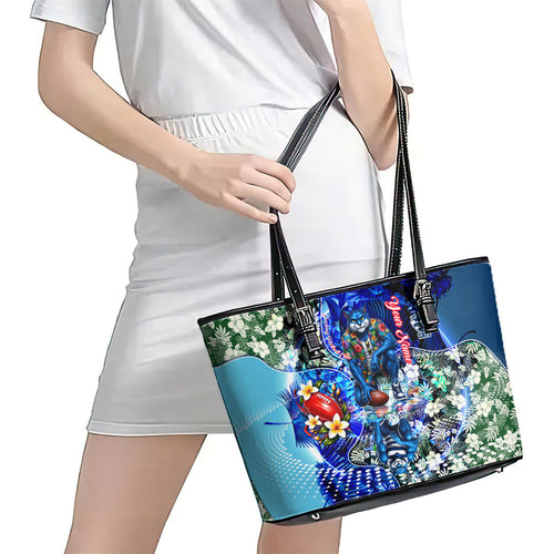 Personalized Geelong Football Cats Leather Tote Bag Tropical Hibiscus Flowers - Pacific Fusion Style