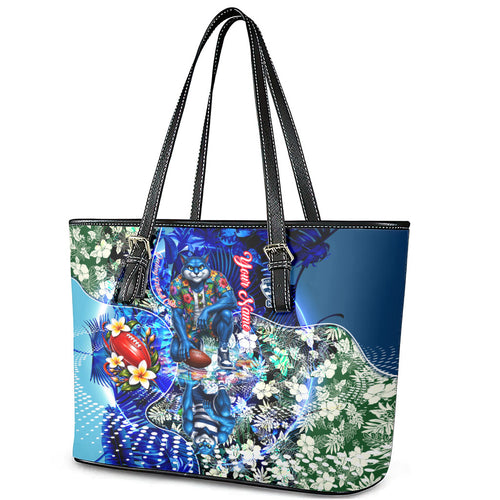 Personalized Geelong Football Cats Leather Tote Bag Tropical Hibiscus Flowers - Pacific Fusion Style