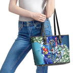 Personalized Geelong Football Cats Leather Tote Bag Tropical Hibiscus Flowers - Pacific Fusion Style