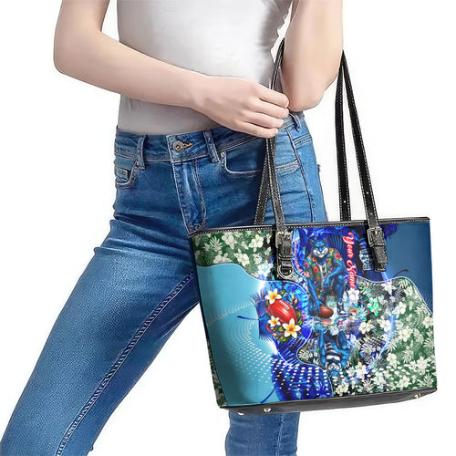 Personalized Geelong Football Cats Leather Tote Bag Tropical Hibiscus Flowers - Pacific Fusion Style