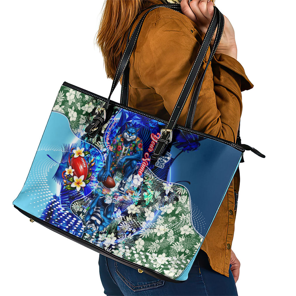Personalized Geelong Football Cats Leather Tote Bag Tropical Hibiscus Flowers - Pacific Fusion Style