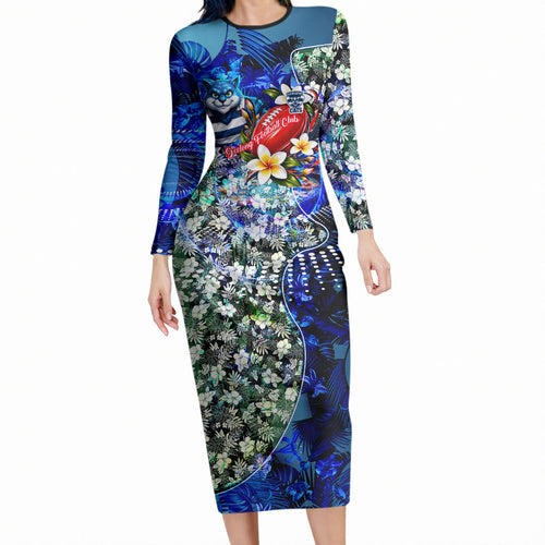 Personalized Geelong Football Cats Long Sleeve Bodycon Dress Tropical Hibiscus Flowers - Pacific Fusion Style