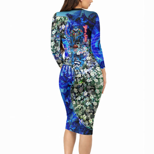 Personalized Geelong Football Cats Long Sleeve Bodycon Dress Tropical Hibiscus Flowers - Pacific Fusion Style