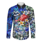 Personalized Geelong Football Cats Long Sleeve Button Shirt Tropical Hibiscus Flowers - Pacific Fusion Style