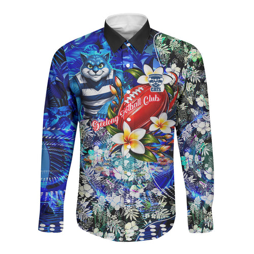 Personalized Geelong Football Cats Long Sleeve Button Shirt Tropical Hibiscus Flowers - Pacific Fusion Style