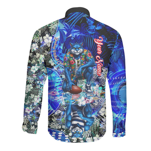 Personalized Geelong Football Cats Long Sleeve Button Shirt Tropical Hibiscus Flowers - Pacific Fusion Style