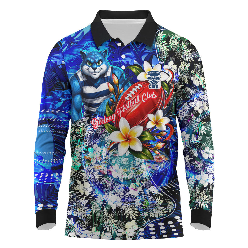 Personalized Geelong Football Cats Long Sleeve Polo Shirt Tropical Hibiscus Flowers - Pacific Fusion Style